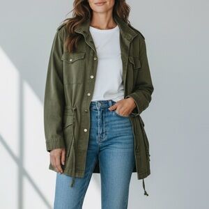 Jane + Delancey Olive Green Military style Jacket 1X Snaps Drawstring Waist